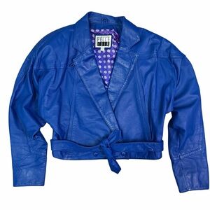 Vintage 80s Pelle Cuir electric blue cropped 100% leather jacket. Size small.